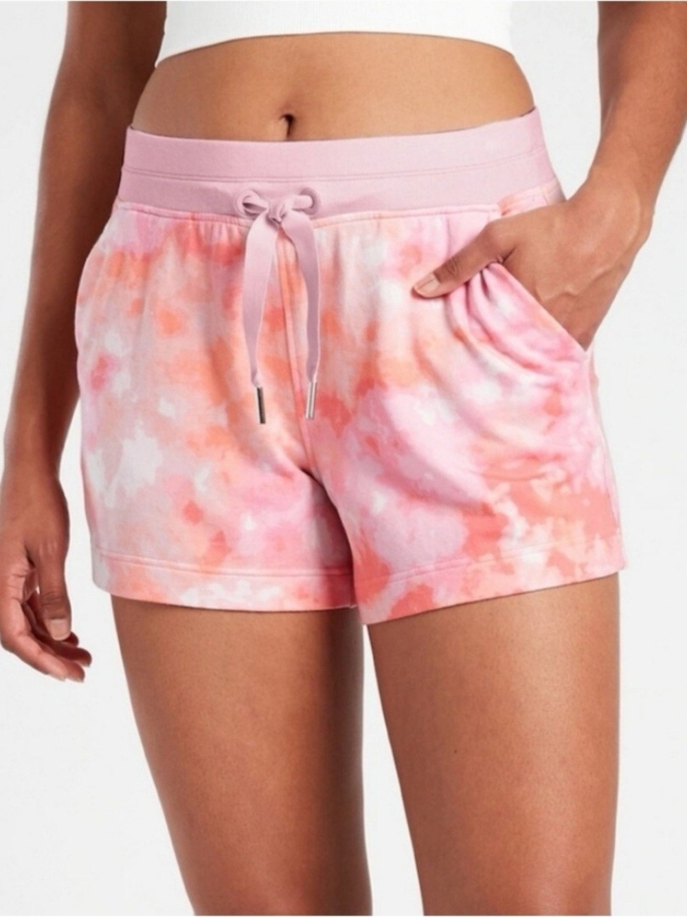 Athleta Balance Printed 4" Shortie Pink Orange Tie Dye Drawstring Shorts Size S